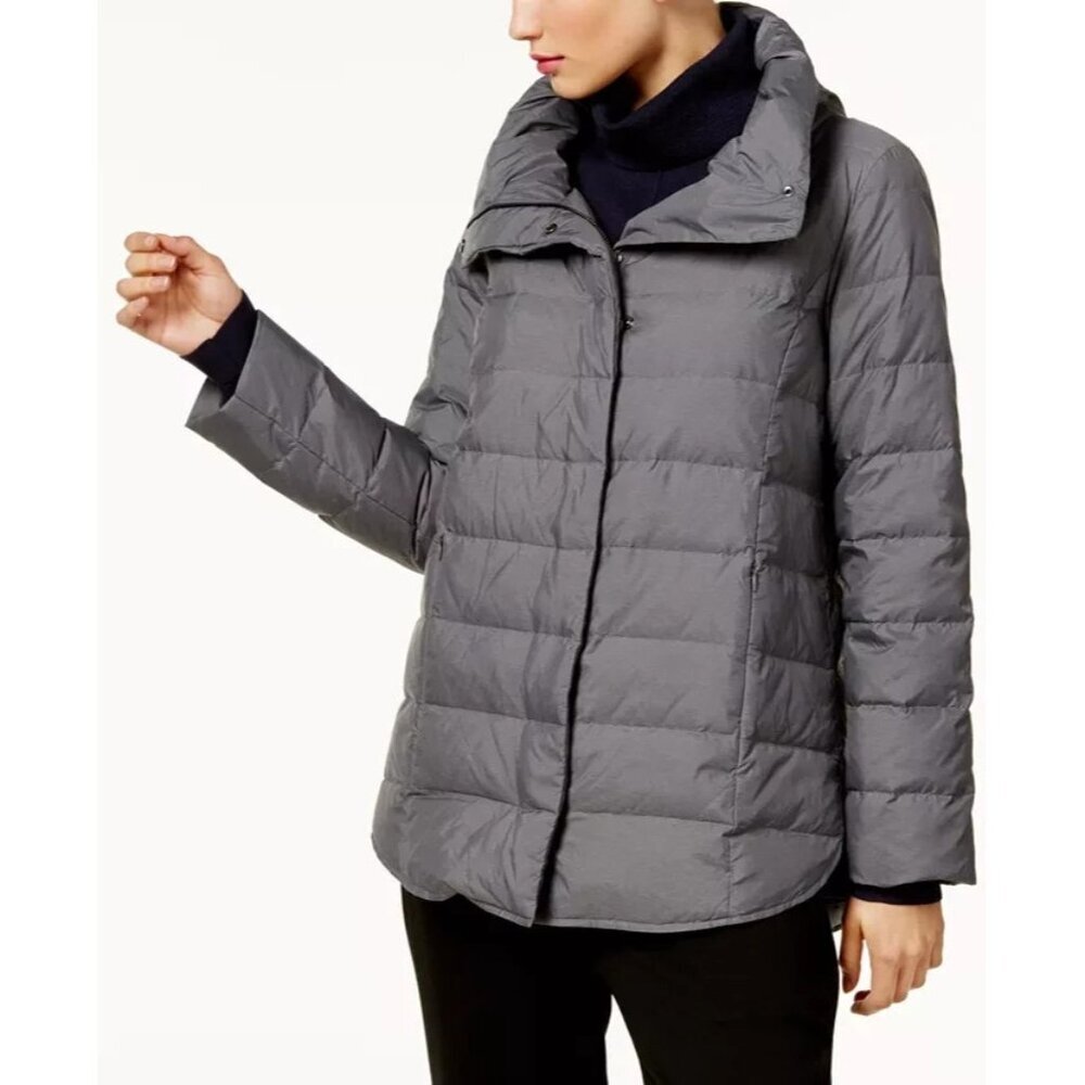 Eileen Fisher Down Nylon Funnel-Neck Puffer Coat Gray Size M DAMAGED Full Zip